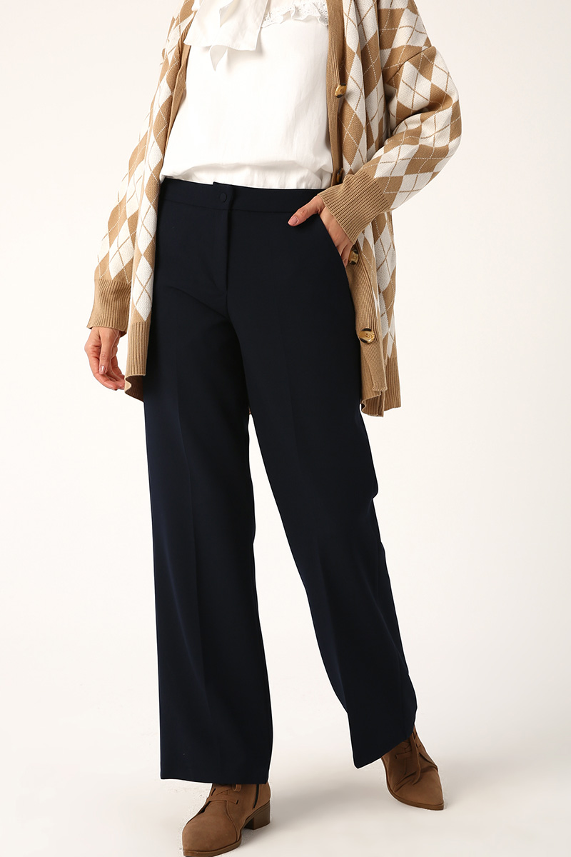A model wears 27937 - Pants - Navy Blue, wholesale Pants of Allday to display at Lonca