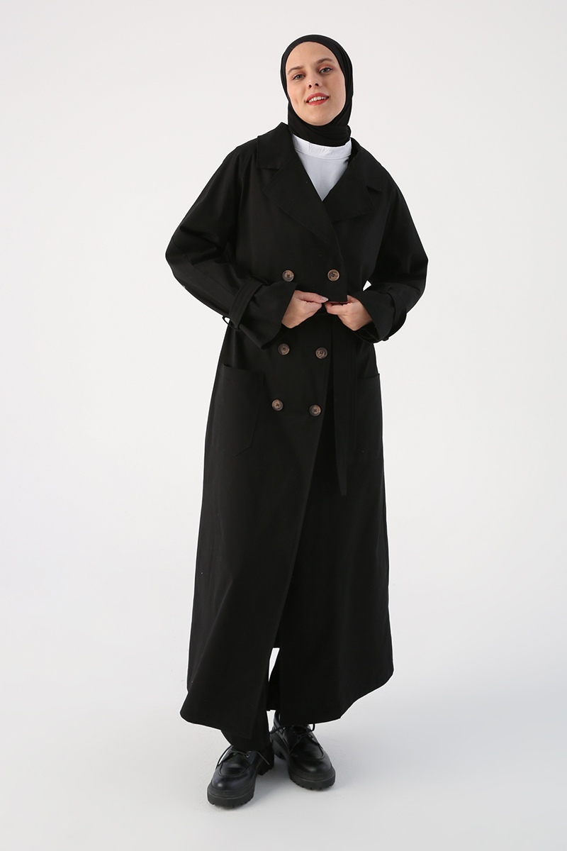 A wholesale clothing model wears Trenchcoat - Black, Turkish wholesale Trenchcoat of Allday