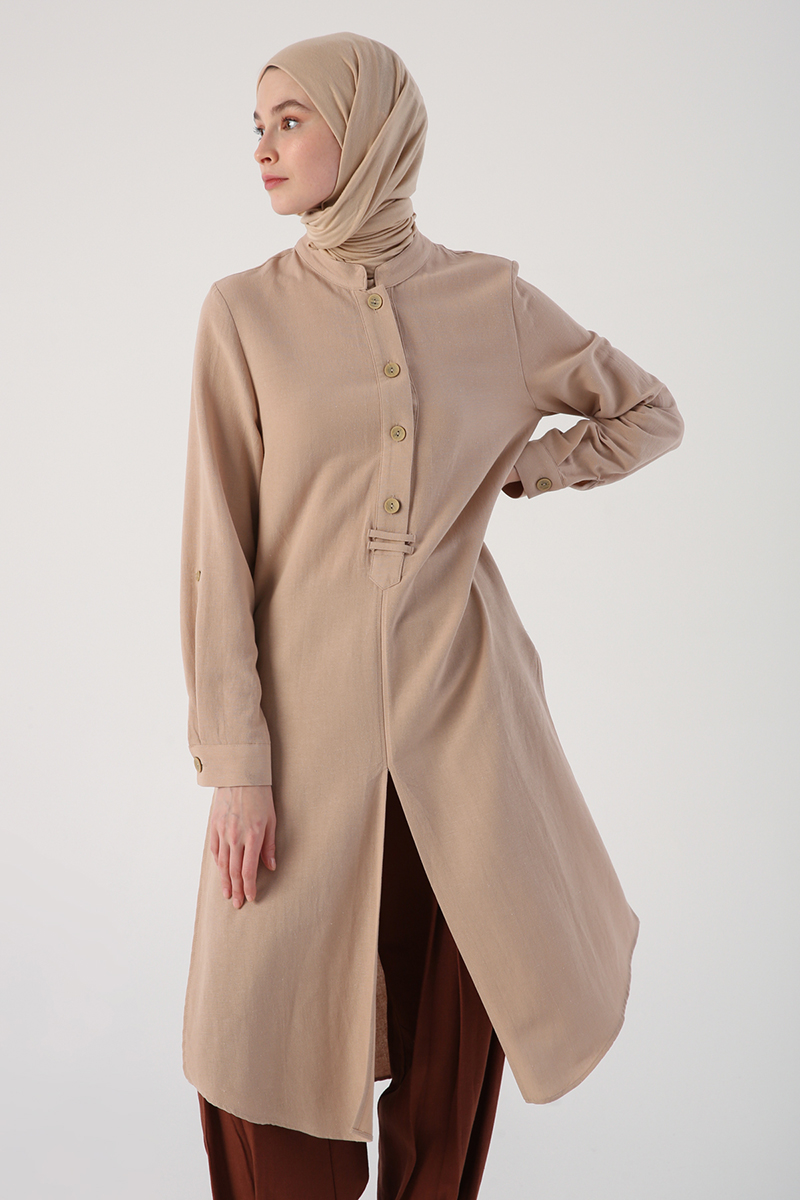 A wholesale clothing model wears 47929 - Tunic - Dark Beige, Turkish wholesale Tunic of Allday