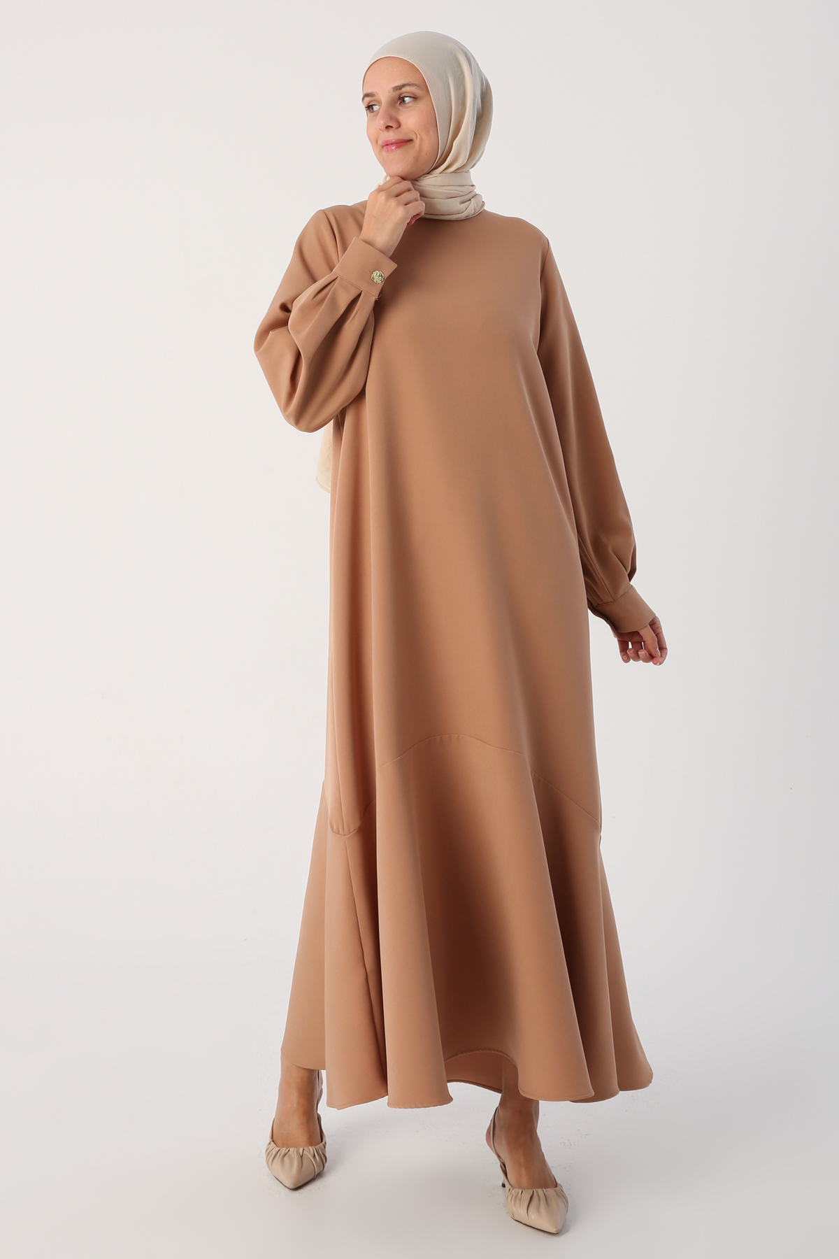 A model wears ALL10626 - Toprak01 Skirt With Flounce Dress - Earth Color, wholesale Dress of Allday to display at Lonca