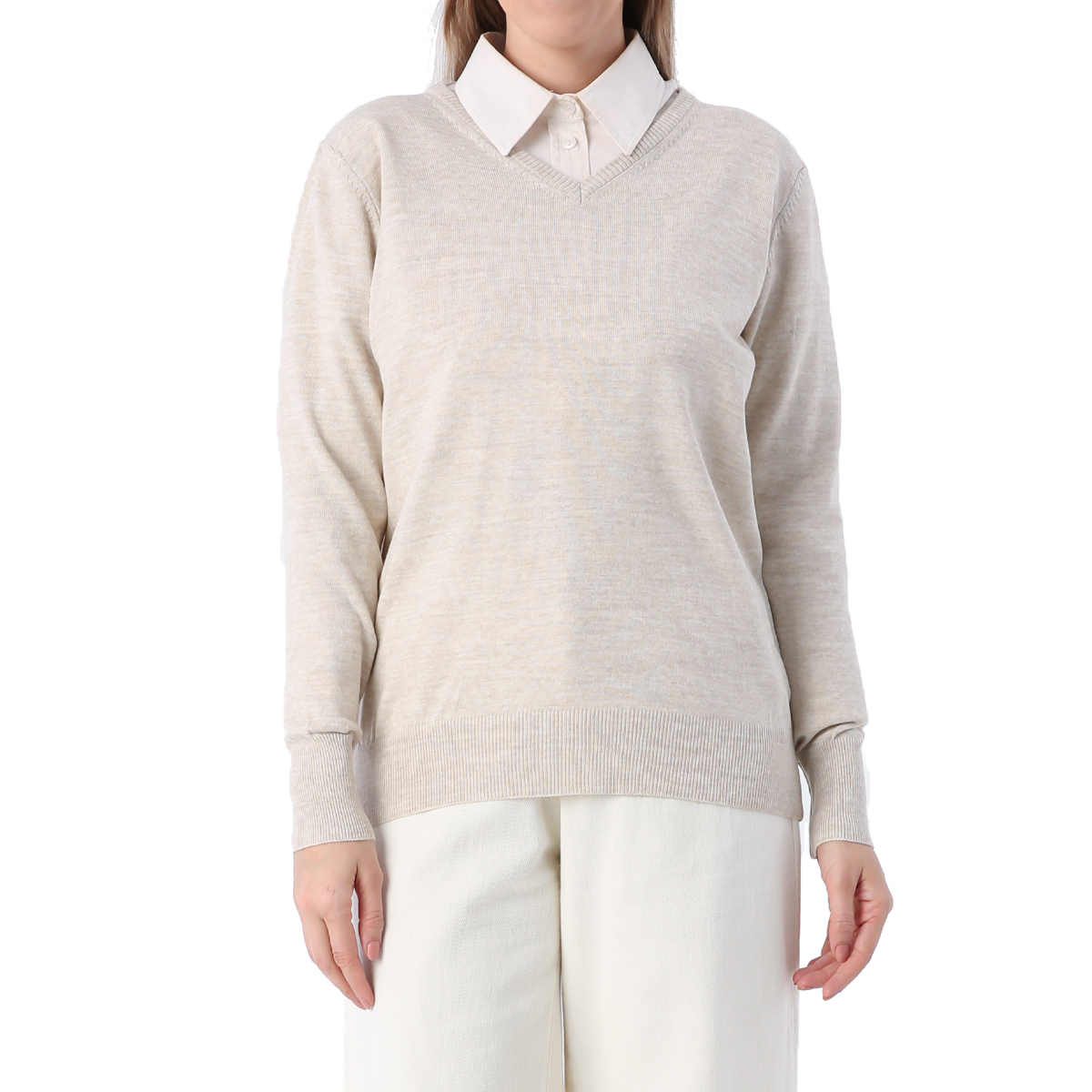 A model wears ALL11346 - V Neck Knitwear Sweater - Stone, wholesale Sweater of Allday to display at Lonca