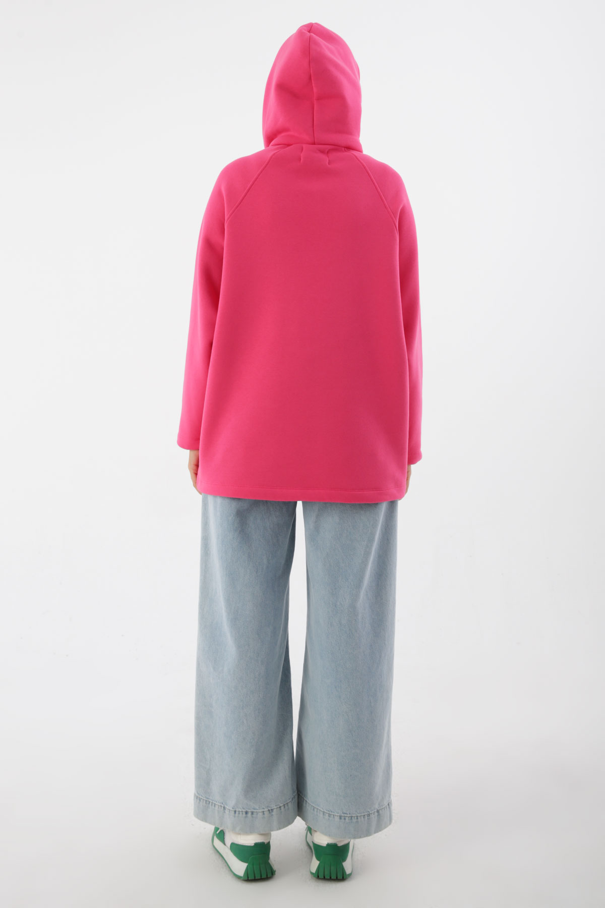 A wholesale clothing model wears all11881-comfortable-fit-sweat-tunic-with-accessory-detail-on-the-collar-fuchsia, Turkish wholesale Sweatshirt of Allday