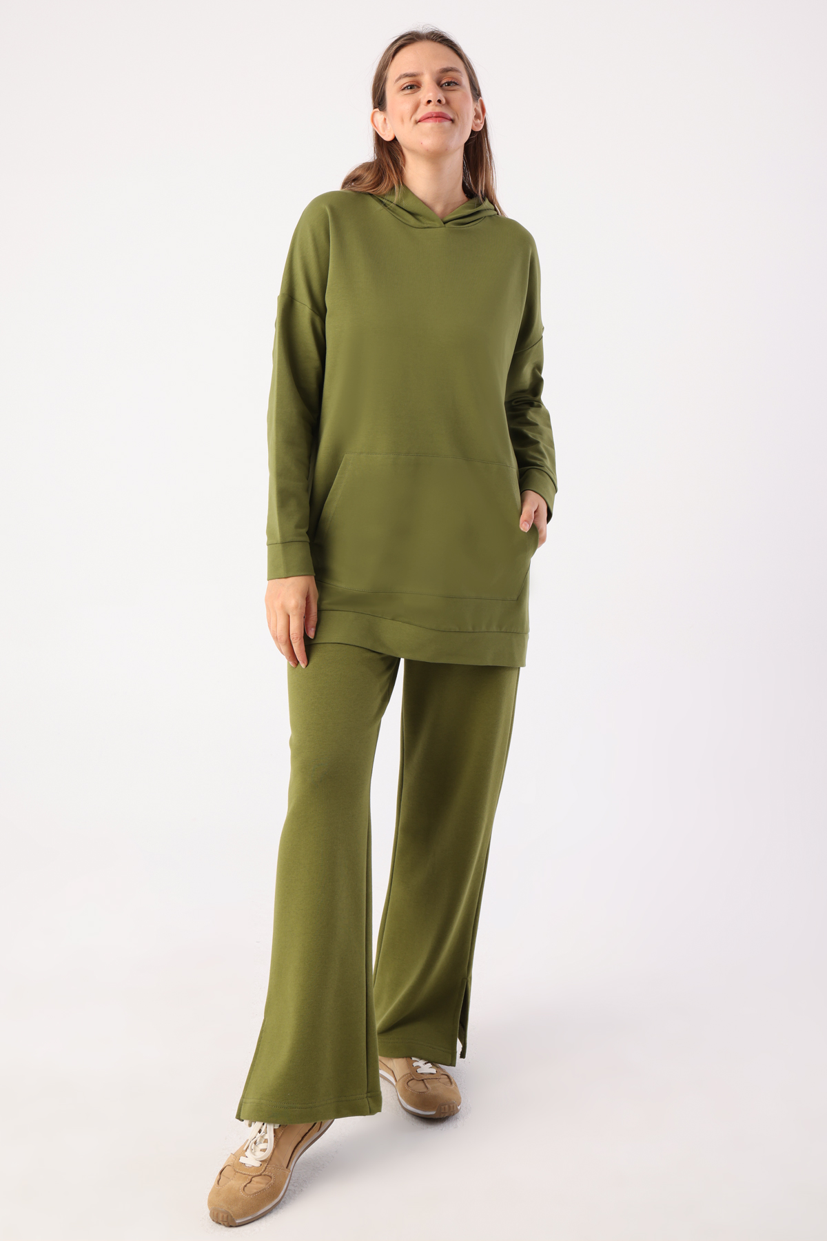 A wholesale clothing model wears Hooded Sweat Tunic - Khaki, Turkish wholesale Tunic of Allday