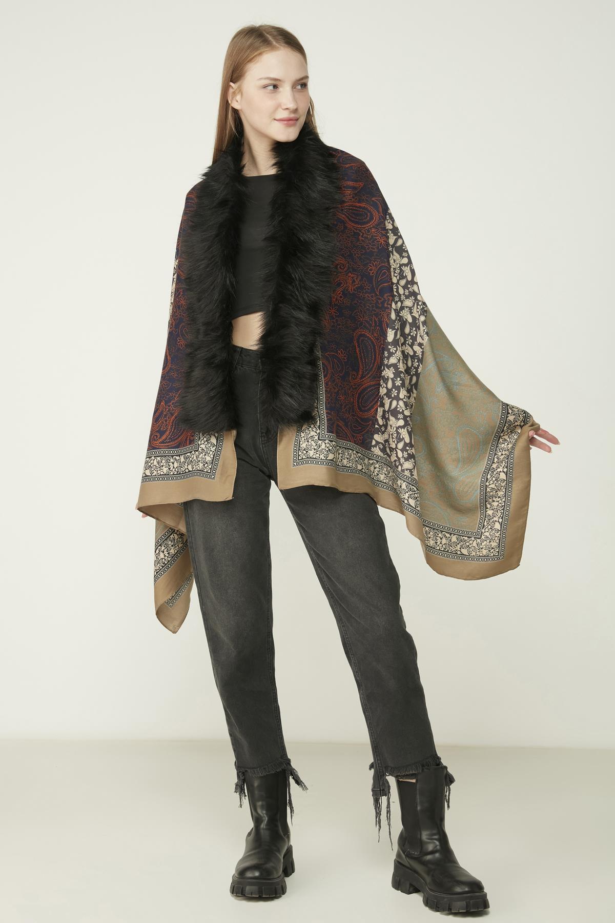 A wholesale clothing model wears Paisley Patterned Poncho - Mink, Turkish wholesale Poncho of Axesoire