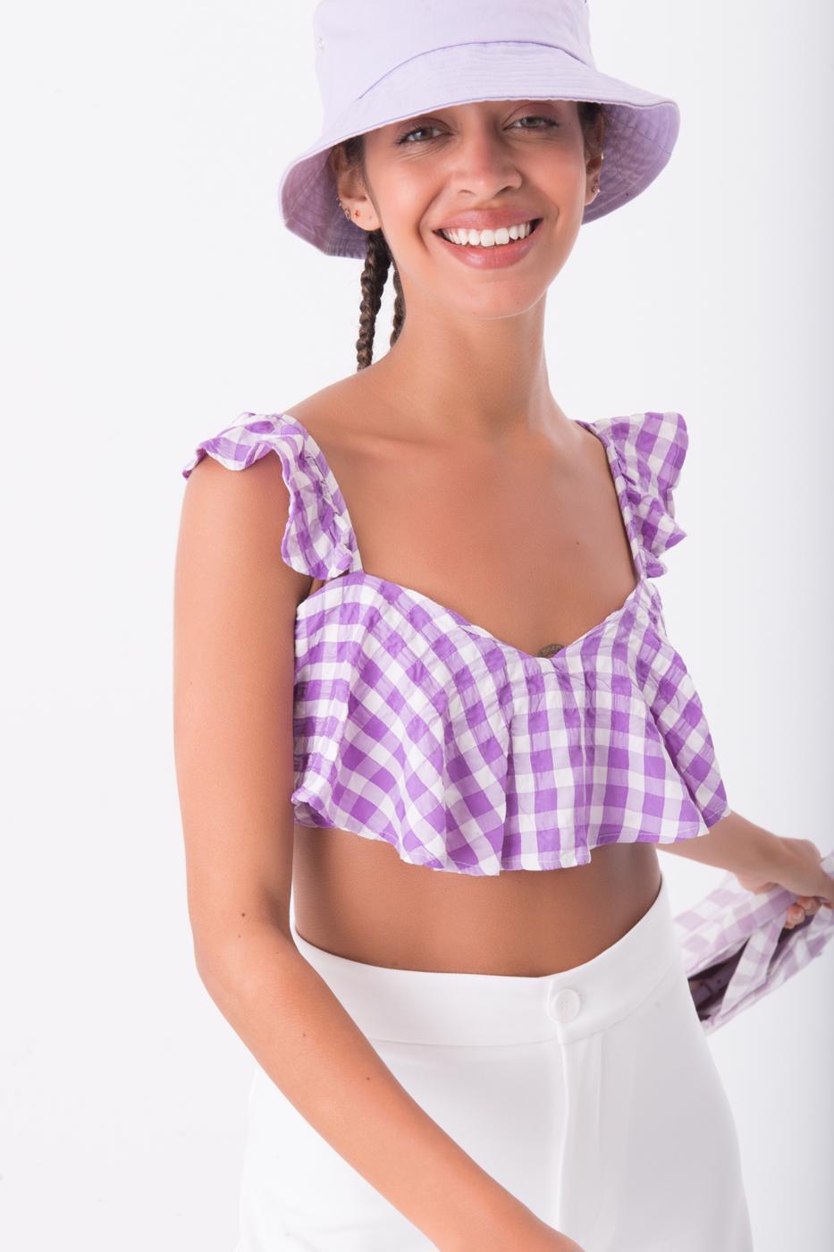 A wholesale clothing model wears Gingham Open Back Ruffled Cami Top, Turkish wholesale Bustier of BSL