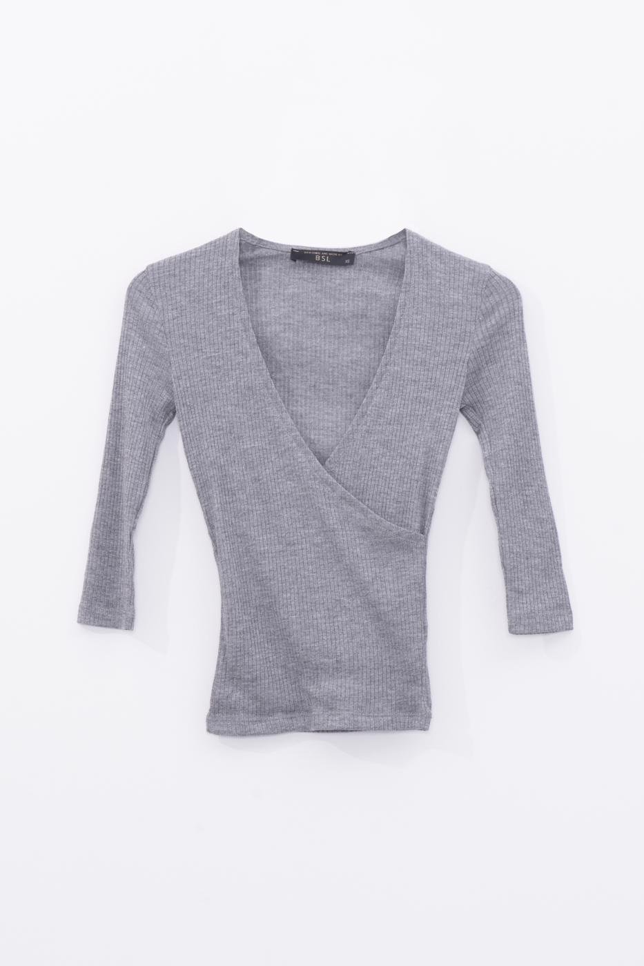 A wholesale clothing model wears V-Neck Blouse - Gray, Turkish wholesale Blouse of BSL
