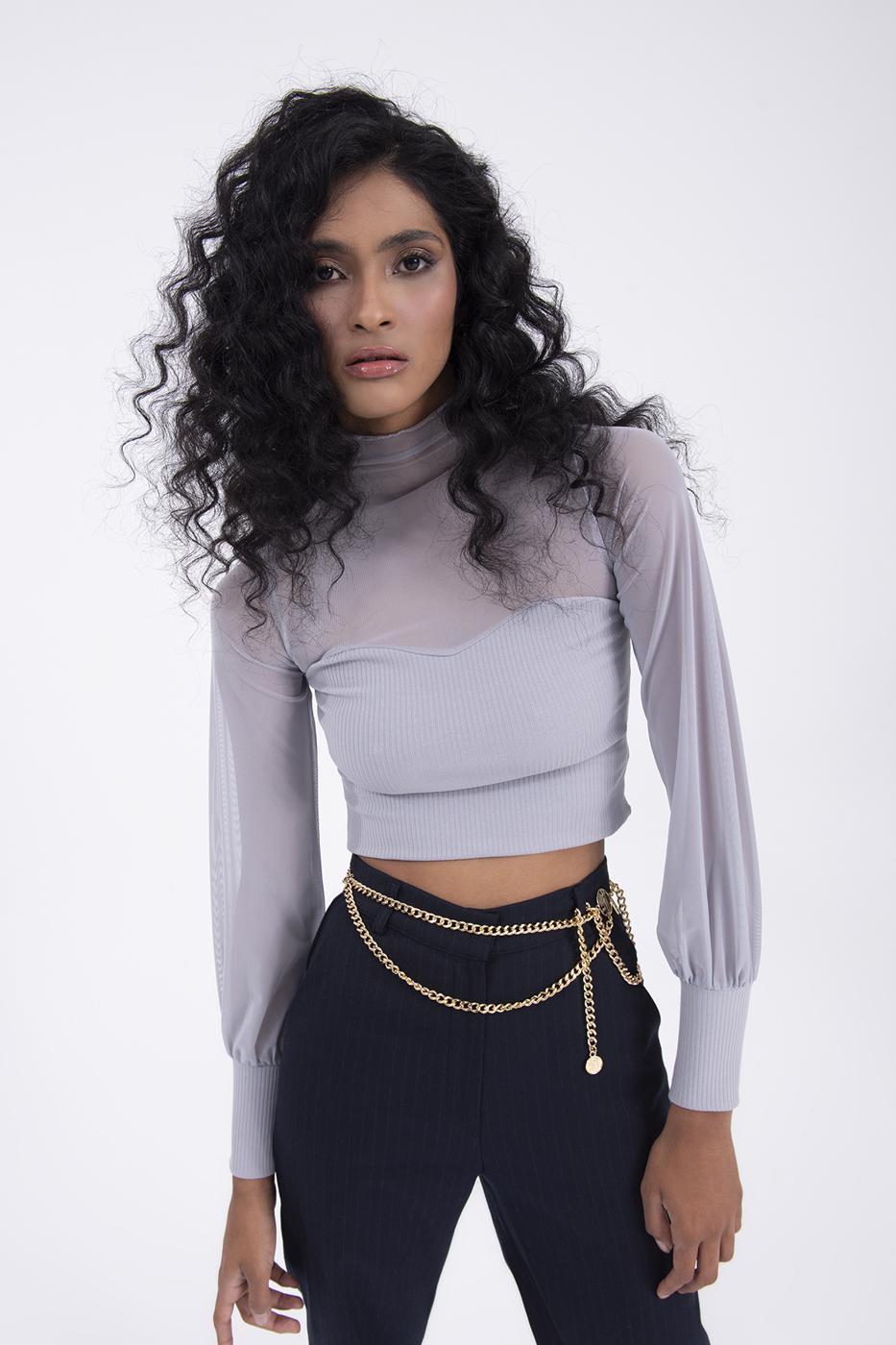 A wholesale clothing model wears Balloon Sleeve Transparent Blouse - Gray, Turkish wholesale Crop Top of BSL