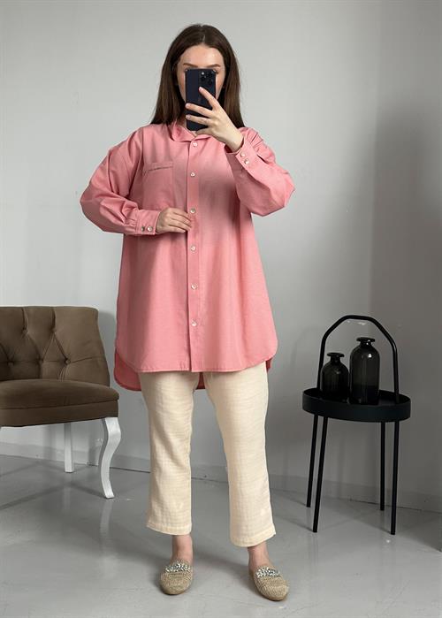 A model wears BER10138 - Stone Shirt - Pink, wholesale Shirt of Berika Yıldırım to display at Lonca