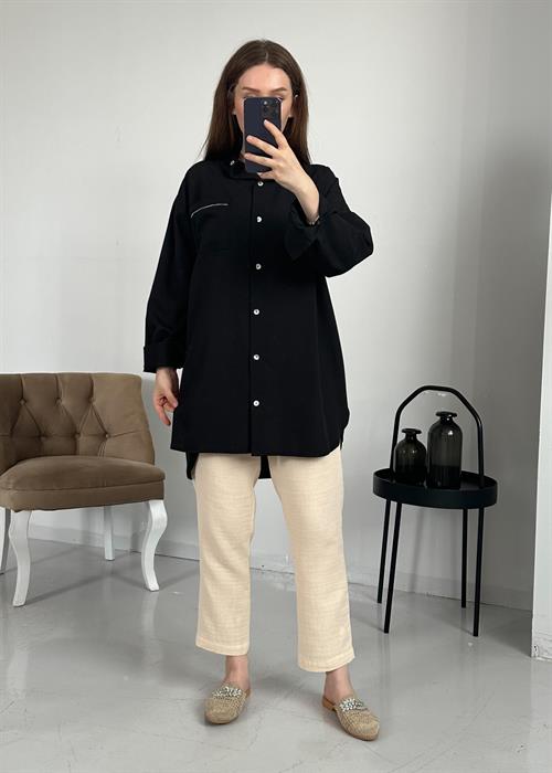 A model wears BER10140 - Stone Shirt - Black, wholesale Shirt of Berika Yıldırım to display at Lonca