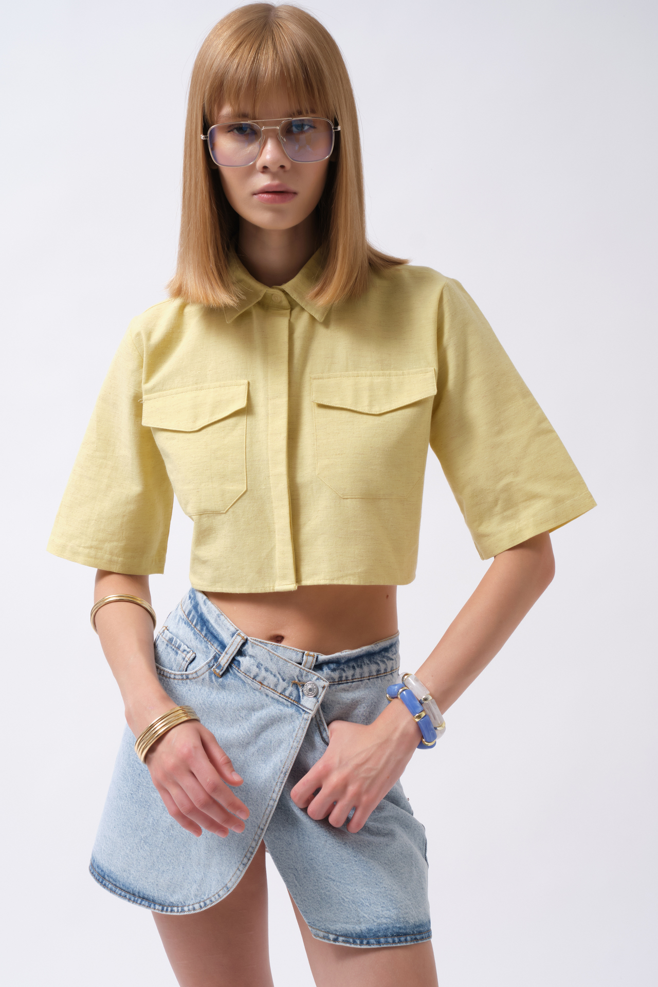 Sarı Gündelik Polo Yaka Crop Gömlek