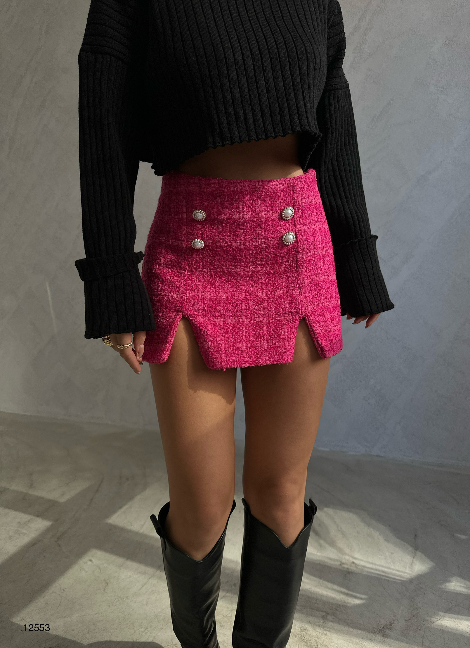 A model wears 37836 - Short Skirt - Pink, wholesale Skirt of Black Fashion to display at Lonca