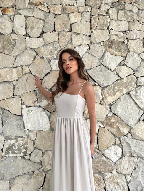 A wholesale clothing model wears Strap Dress - Stone, Turkish wholesale Dress of Cream Rouge
