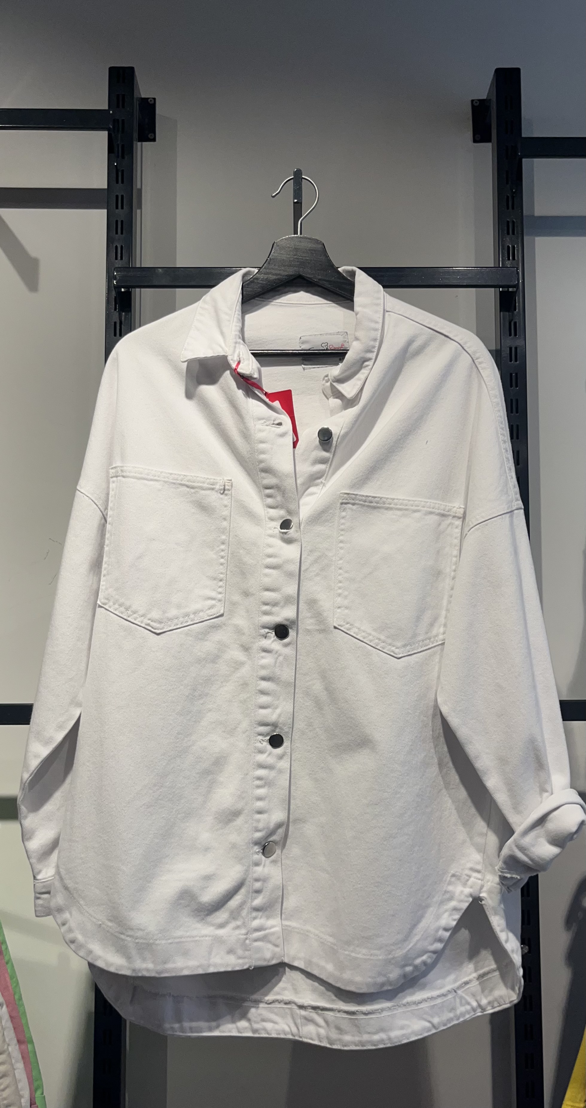 A model wears CRO11056 - Oversize Denim Jacket - White, wholesale Denim Jacket of Cream Rouge to display at Lonca