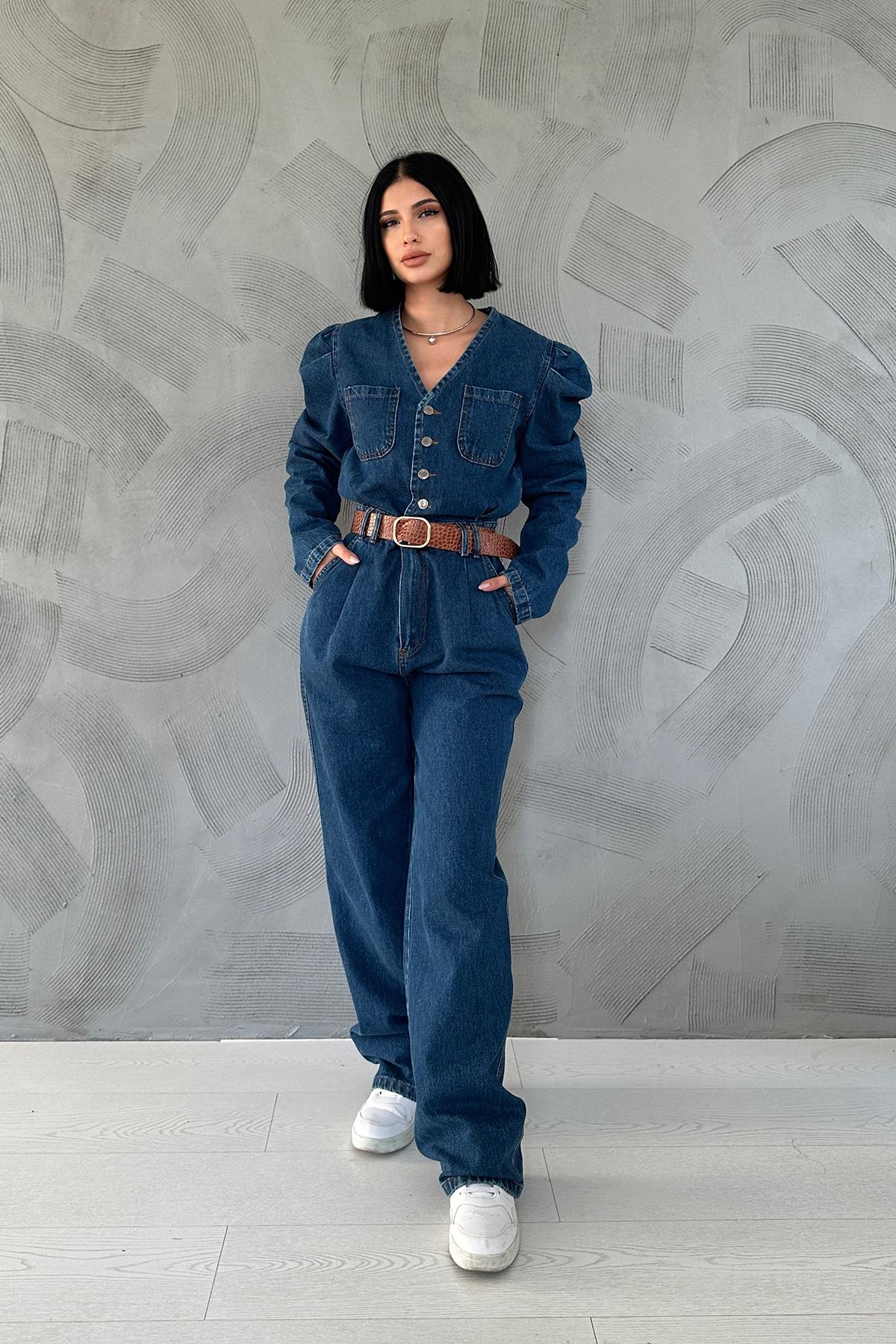 A wholesale clothing model wears V-Neck Jumpsuit With Pleated Sleeves - Blue, Turkish wholesale Jumpsuit of Elisa