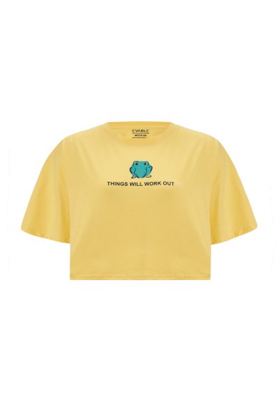 A wholesale clothing model wears Frog Crop Tshirt - Yellow, Turkish wholesale Tshirt of Evable