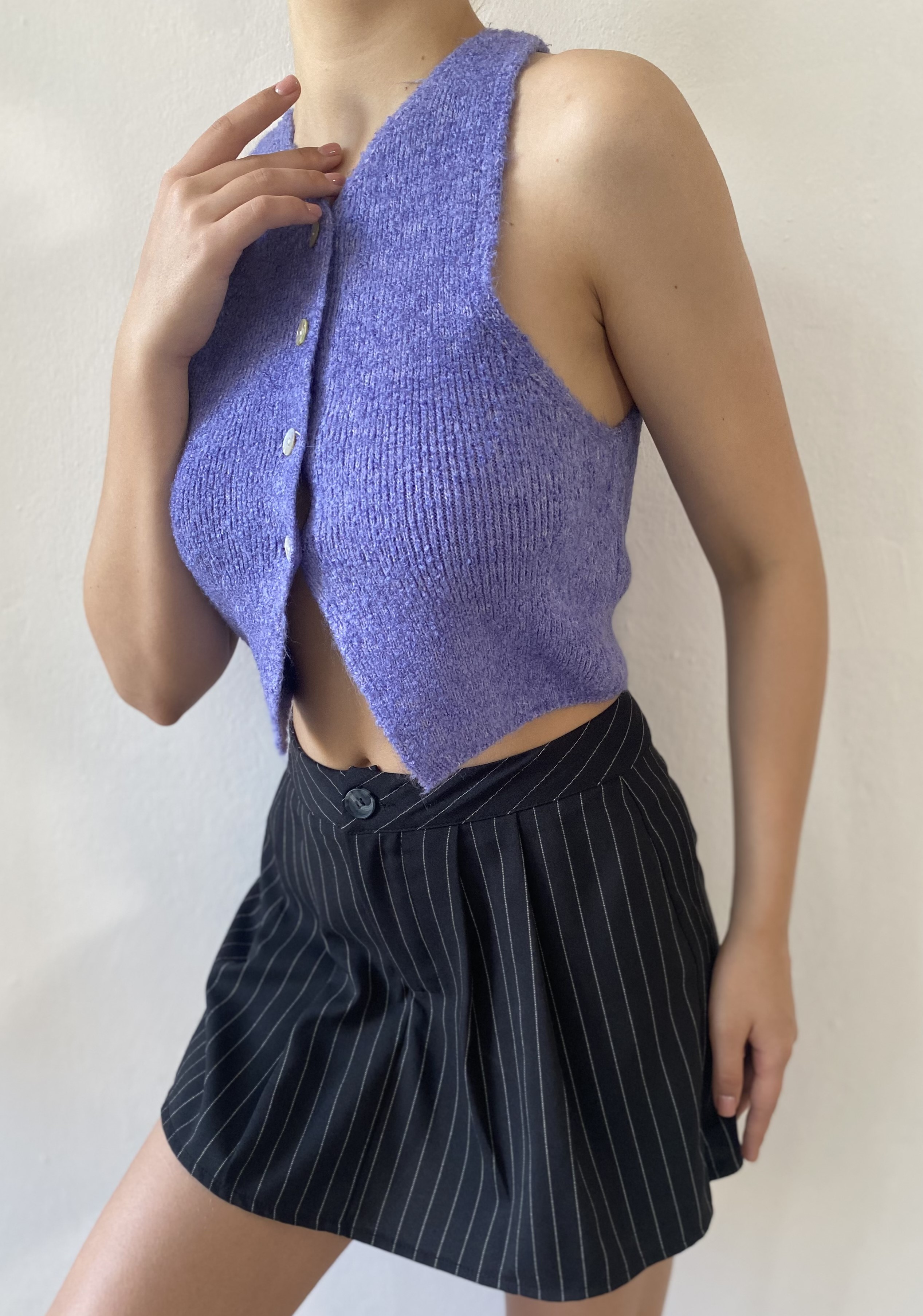 A wholesale clothing model wears Lilac Boucle Lycra Knitwear Vest, Turkish wholesale Vest of First Angels