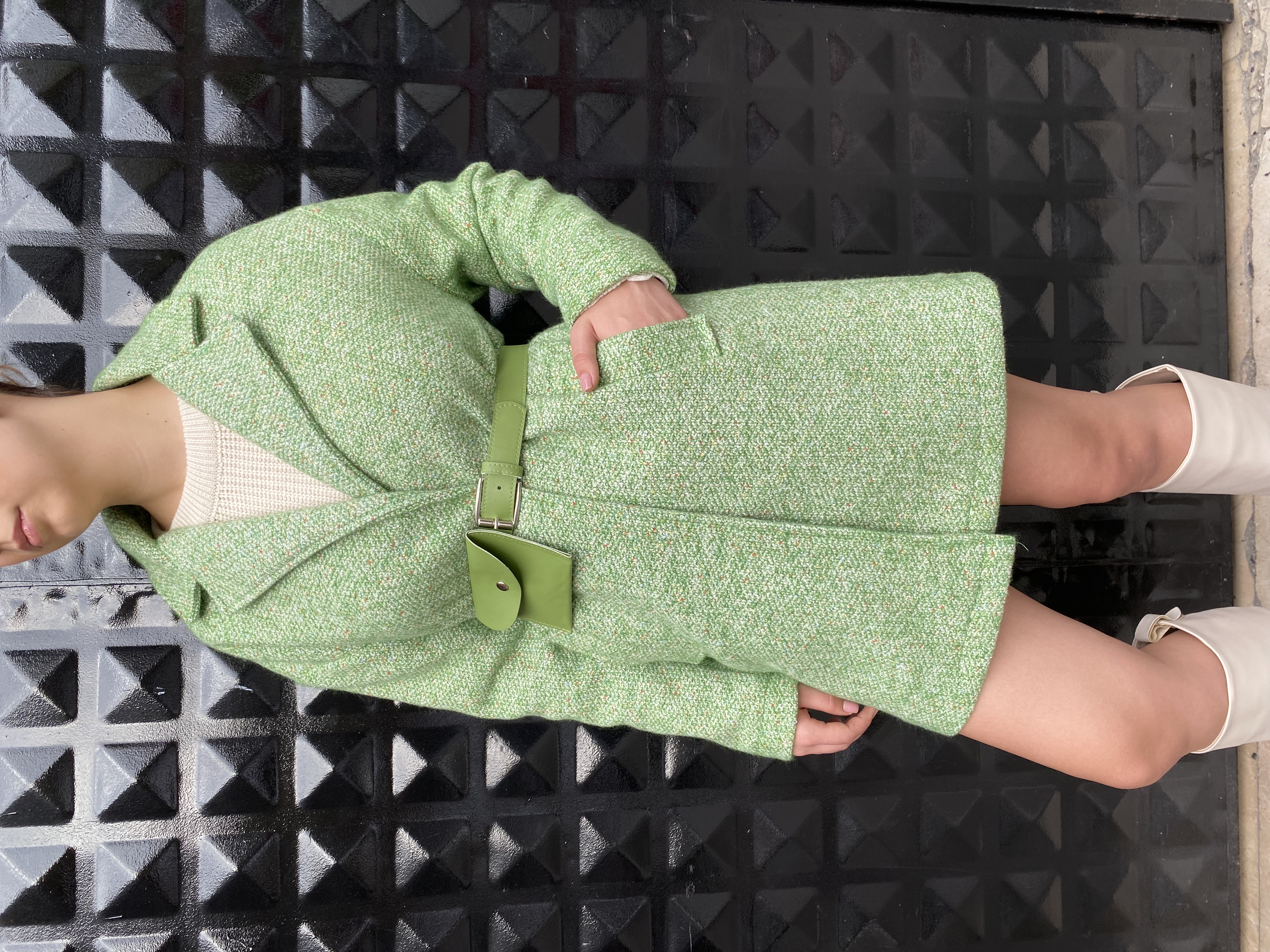 A wholesale clothing model wears Green Belt Detailed Lined Coat, Turkish wholesale Coat of First Angels