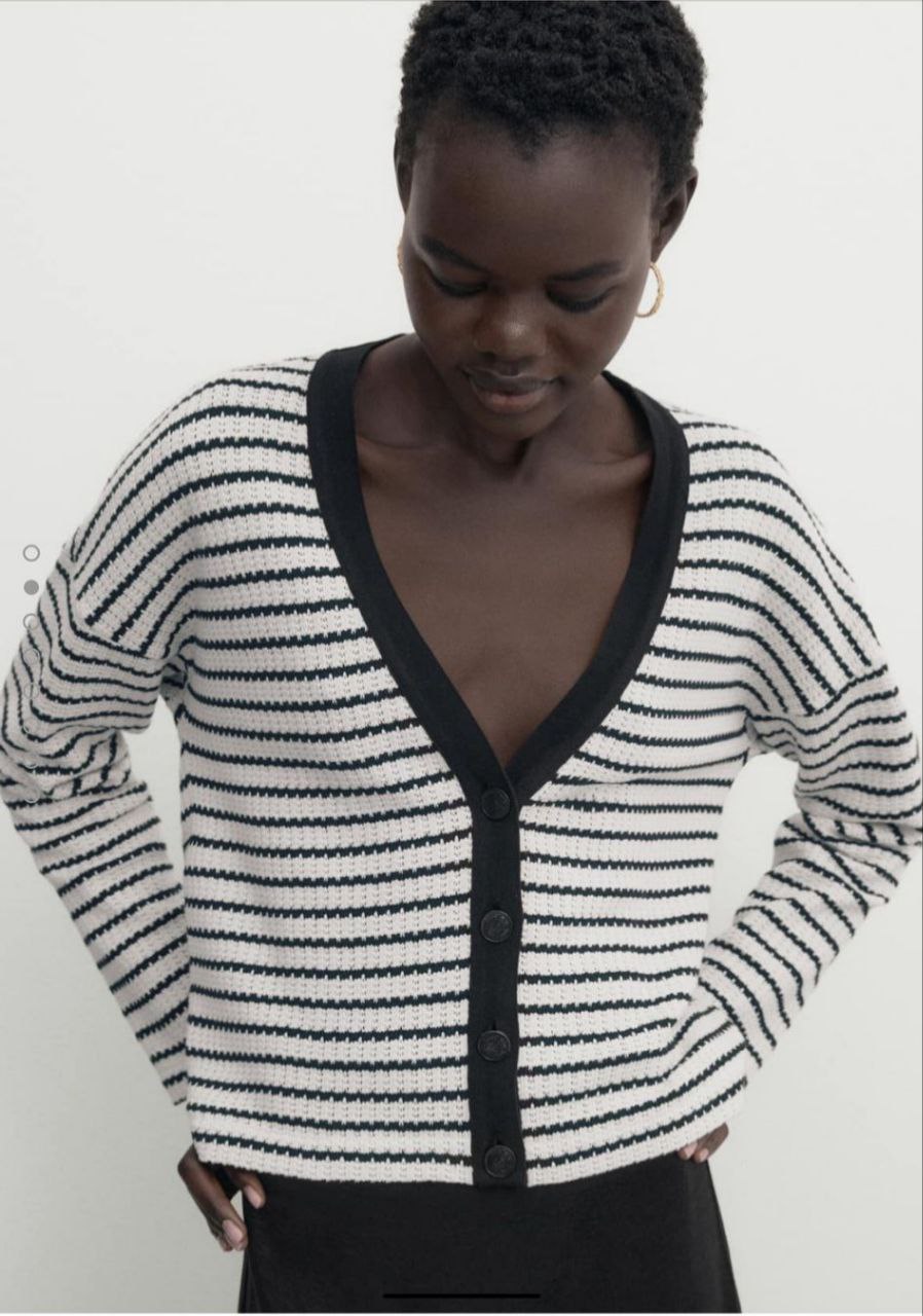 A model wears FLW10045 - Striped Knitwear Cardigan - Cream & Black, wholesale Cardigan of Flow to display at Lonca
