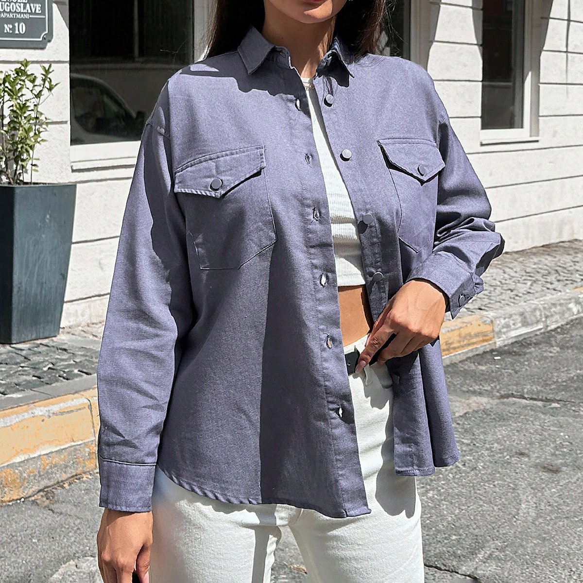 A wholesale clothing model wears Denim Shirt (Jacket), Turkish wholesale Denim Jacket of Gravel Fashion