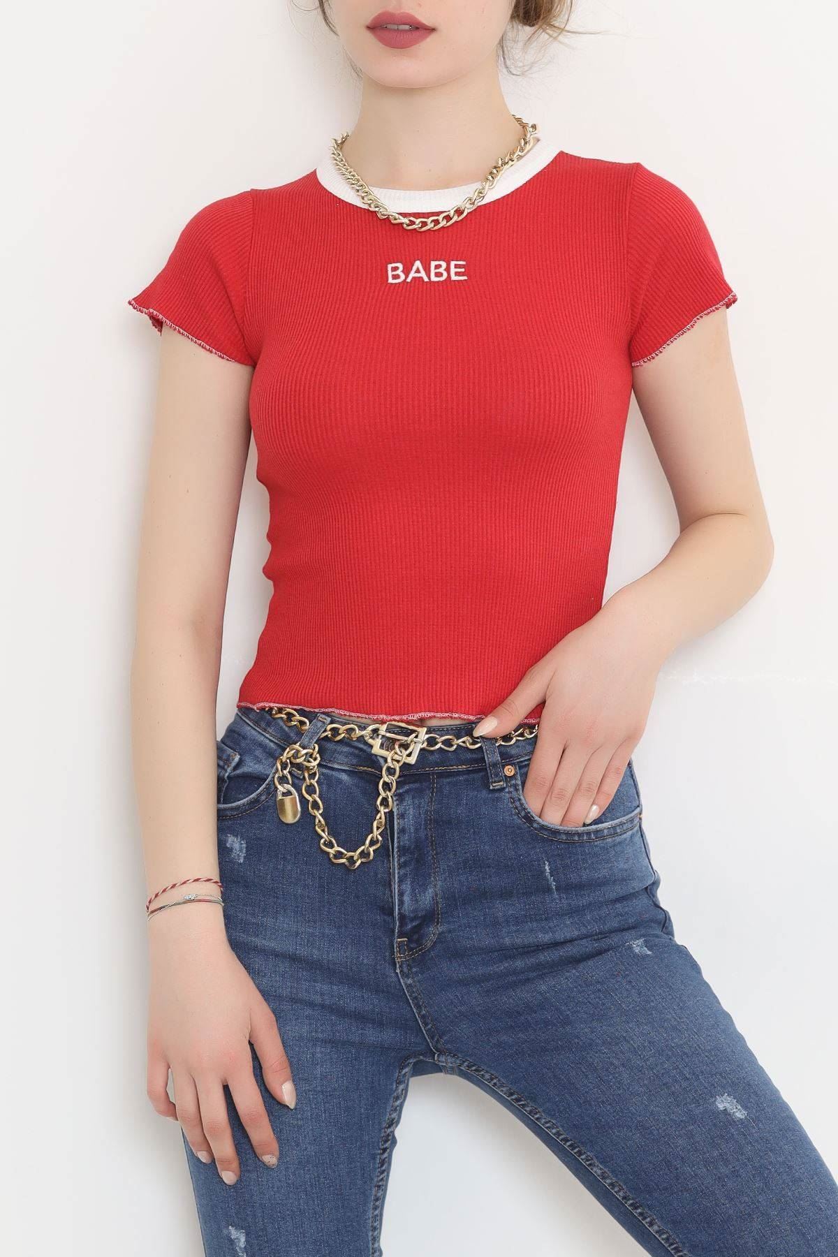 A model wears HAV11376 - Babe Embroidered Blouse Red - 11009.1567., wholesale Blouse of Helin Avşar to display at Lonca