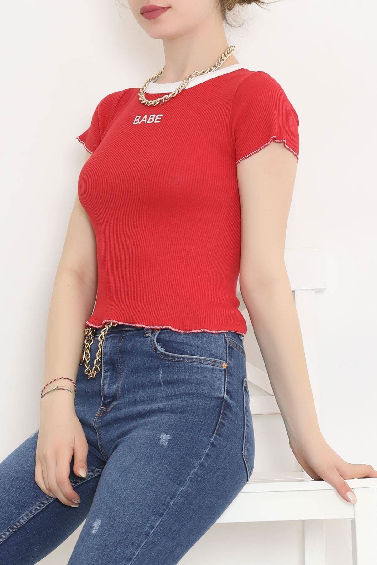A model wears HAV11376 - Babe Embroidered Blouse Red - 11009.1567., wholesale Blouse of Helin Avşar to display at Lonca