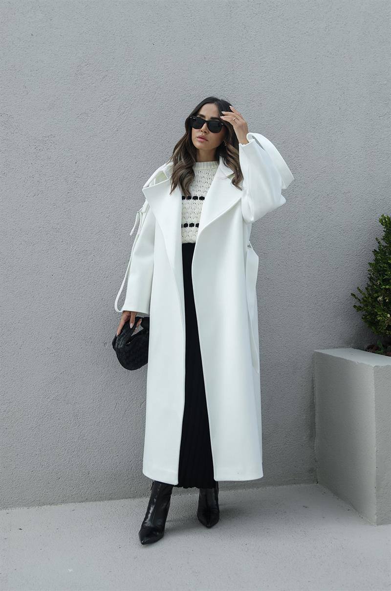 A wholesale clothing model wears Long Coat With Sleeve Pocket Detail - Ecru, Turkish wholesale Overcoat of Hot Fashion