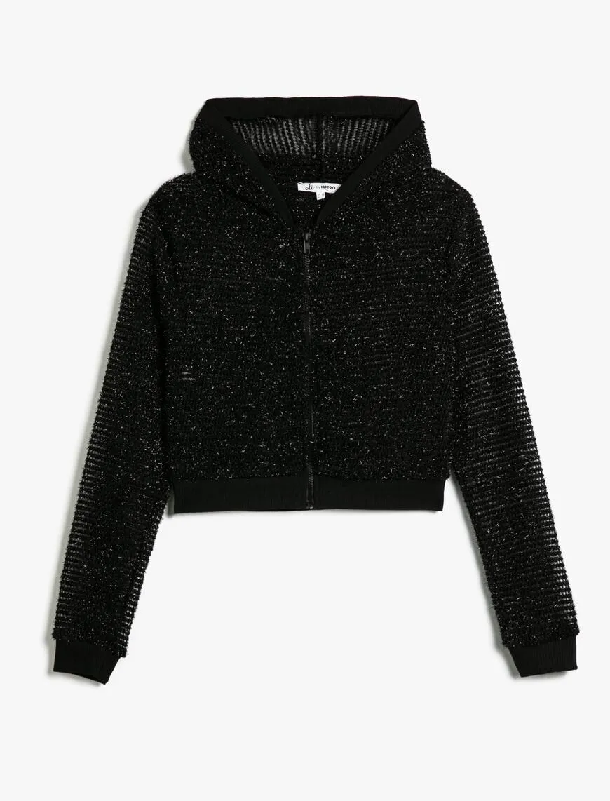A wholesale clothing model wears Hooded Zippered Mesh Sweatshirt - Black, Turkish wholesale Hoodie of Koton