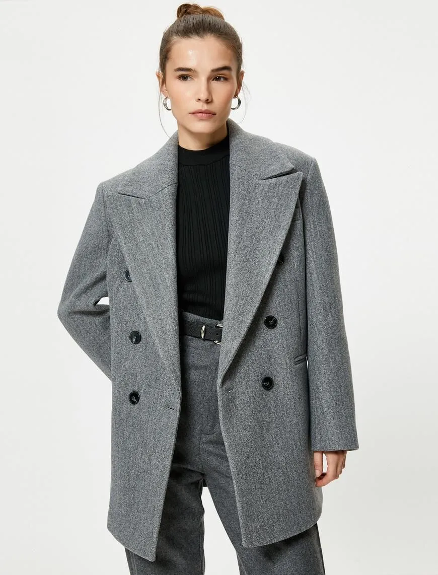 A wholesale clothing model wears Double Breasted Collar Pocket Oversize Cashmere Coat - Gray, Turkish wholesale Coat of Koton