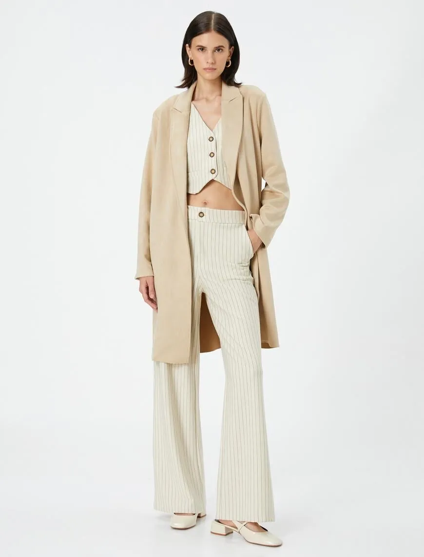 A wholesale clothing model wears Suede Look Relaxed Cut Trench Coat - Beige, Turkish wholesale Trenchcoat of Koton