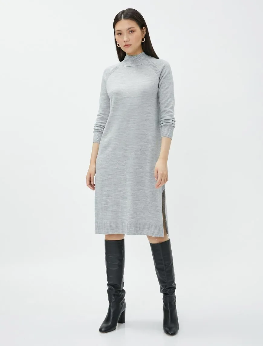 A wholesale clothing model wears High Collar Long Sleeve Midi Knit Dress - Gray, Turkish wholesale Dress of Koton