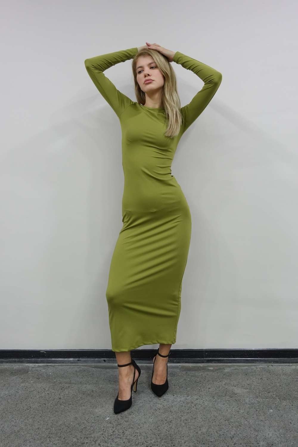 A wholesale clothing model wears Diver Long Sleeve Dress - Pistachio Green, Turkish wholesale Dress of Maestro Woman