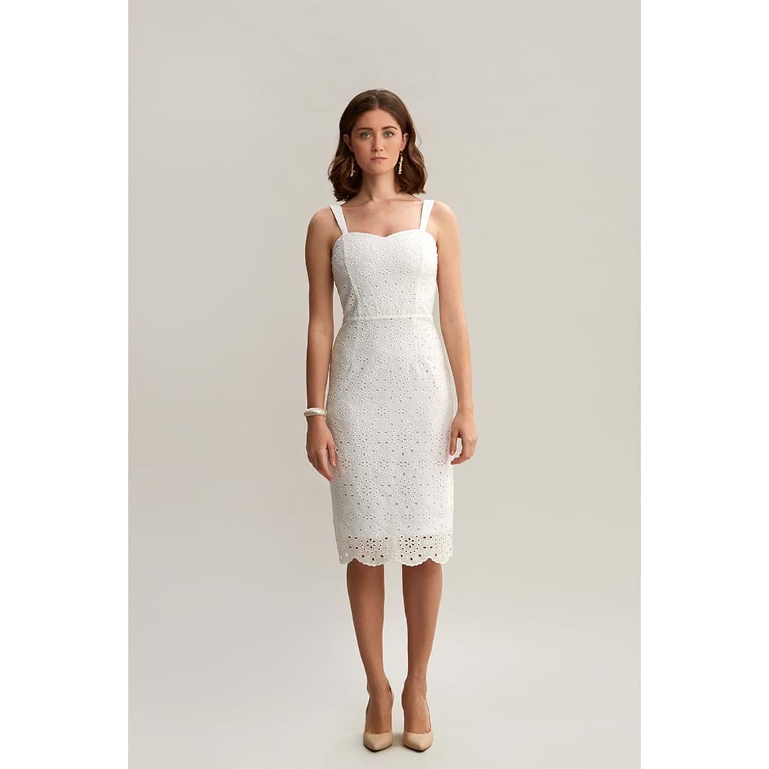 A model wears 33194 - Strapless Slim Fit Pure Cotton White Brode Dress - White, wholesale Dress of Mare Style to display at Lonca
