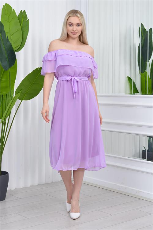 A wholesale clothing model wears MRO10397 - Carmen Collar Lined Chiffon Dress Ry8060 - - Lilac, Turkish wholesale Dress of Mode Roy