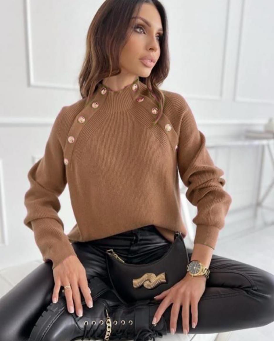 A wholesale clothing model wears Knitwear Sweater - Kamel, Turkish wholesale Sweater of MyBee