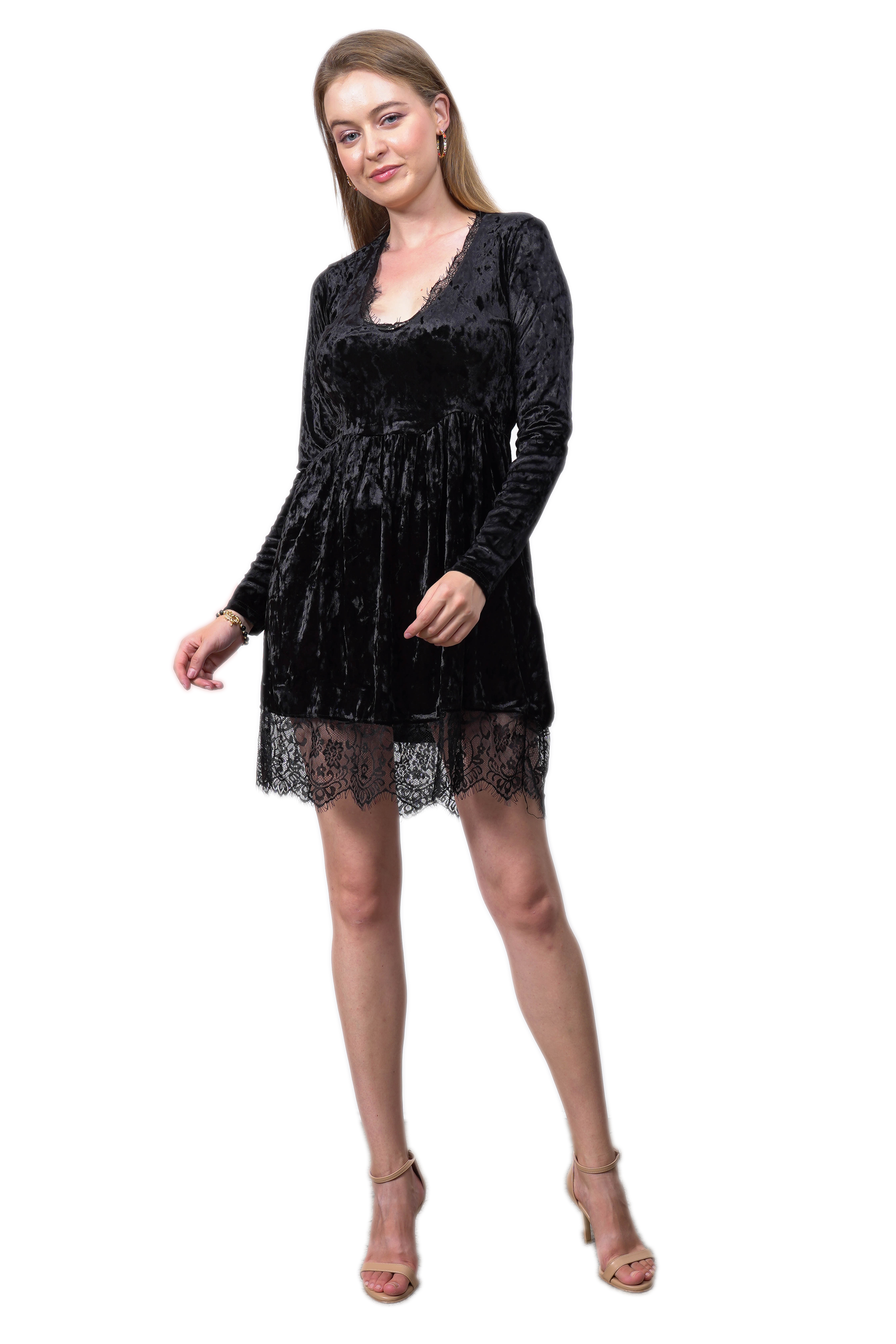 A model wears PLA10050 - Lace V-Neck Velvet Dress, wholesale Dress of Playmax to display at Lonca