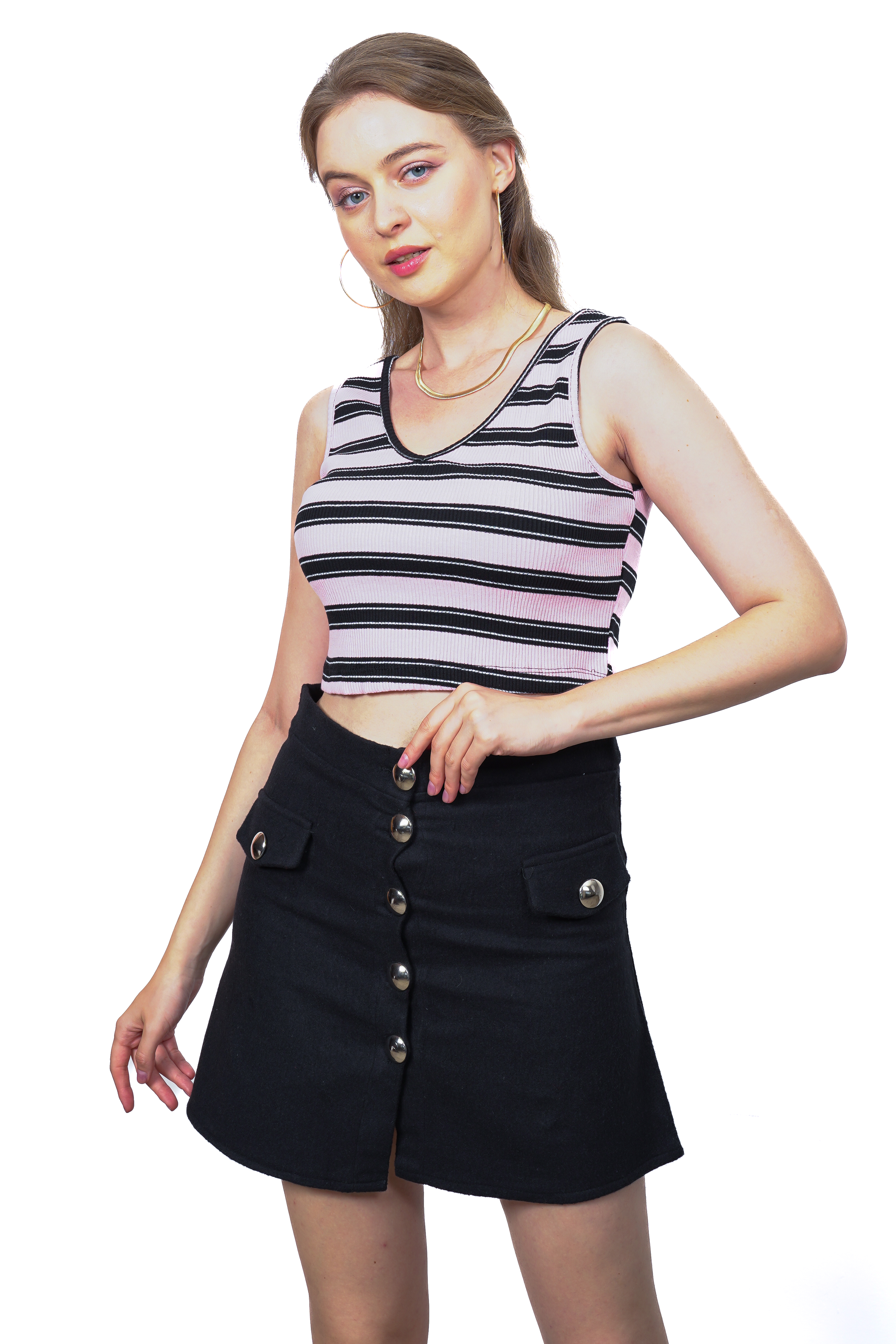 A wholesale clothing model wears V Neck Crop Singlet, Turkish wholesale Crop Top of Playmax