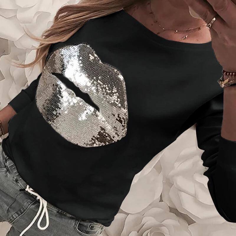 A model wears PBO10503 - Sequin Lip Embroidered  Two Thread Fabric Sweat - Black, wholesale Sweatshirt of Polo Bonetta to display at Lonca