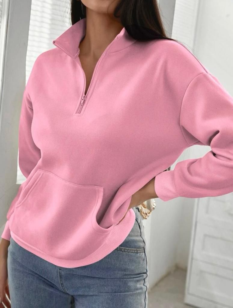 A wholesale clothing model wears Zipper Detailed Hooded Sweatshirt With Fleece Inside - Pink, Turkish wholesale Hoodie of Polo Bonetta