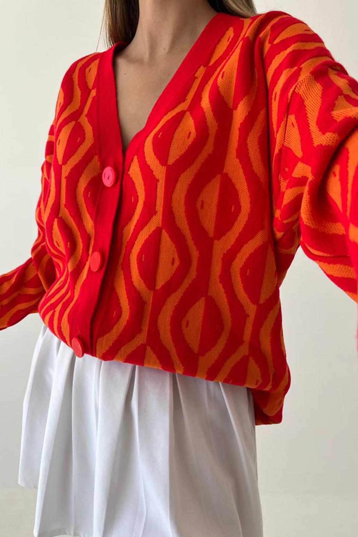 A wholesale clothing model wears Honeycomb Knit Cardigan - Red-Orange, Turkish wholesale Cardigan of Qustyle