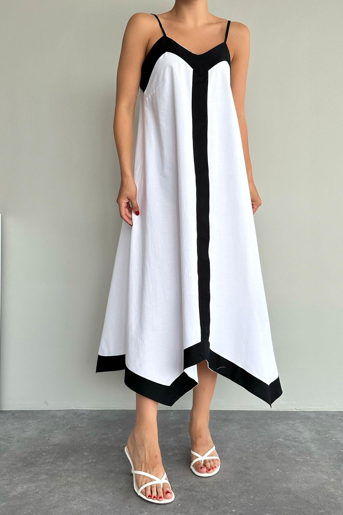A wholesale clothing model wears Two Color Poplin Dress - White-Black, Turkish wholesale Dress of Qustyle