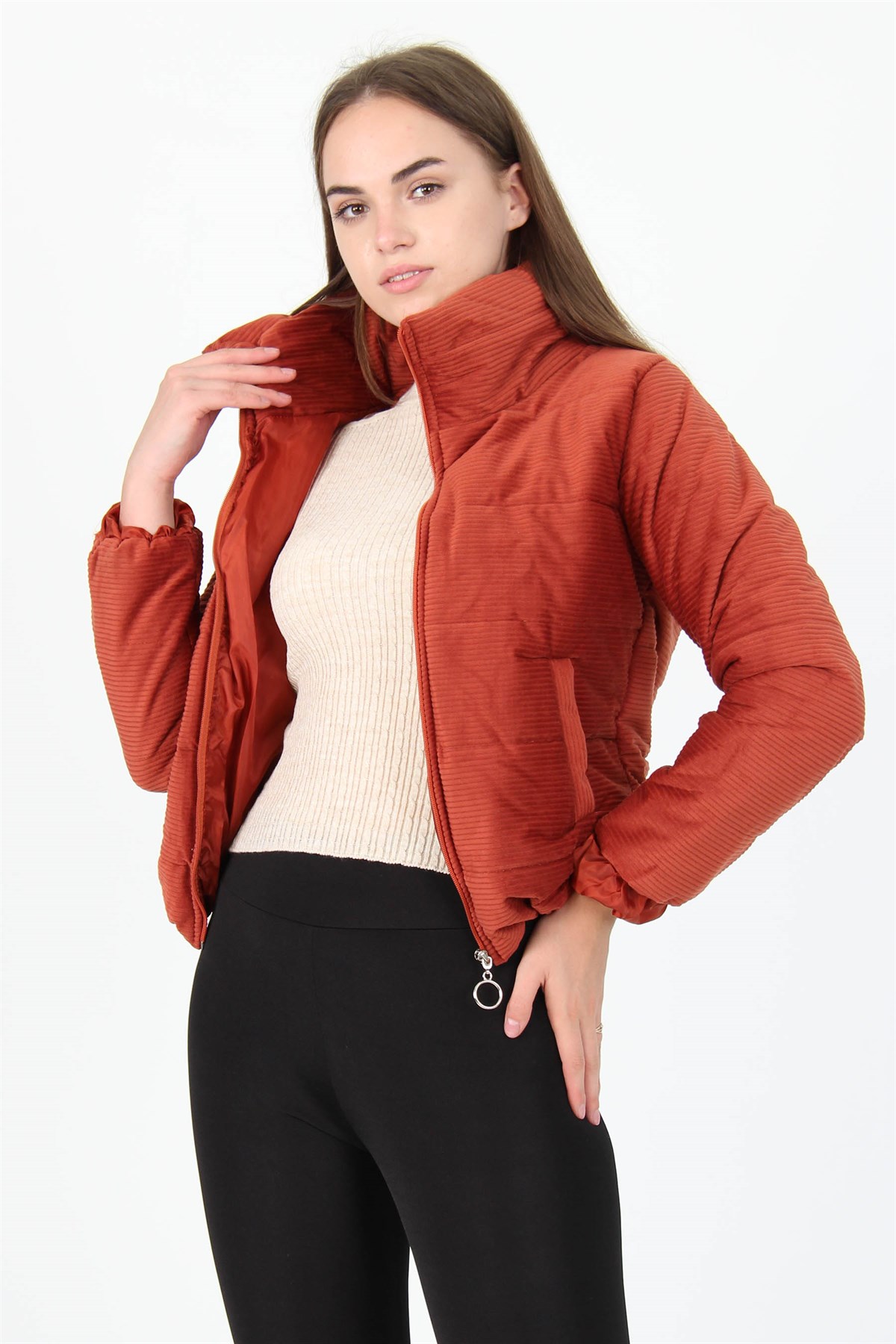 A model wears 35018 - Coat - Brick Red, wholesale Coat of Mode Roy to display at Lonca