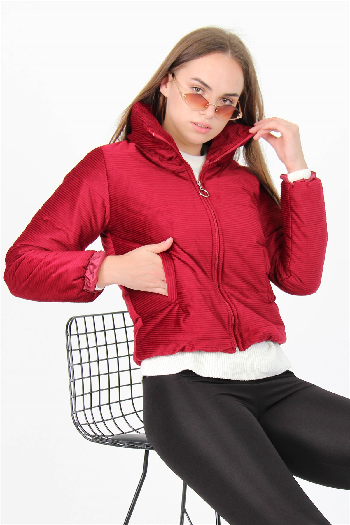 A model wears 35020 - Coat - Claret Red, wholesale Coat of Mode Roy to display at Lonca