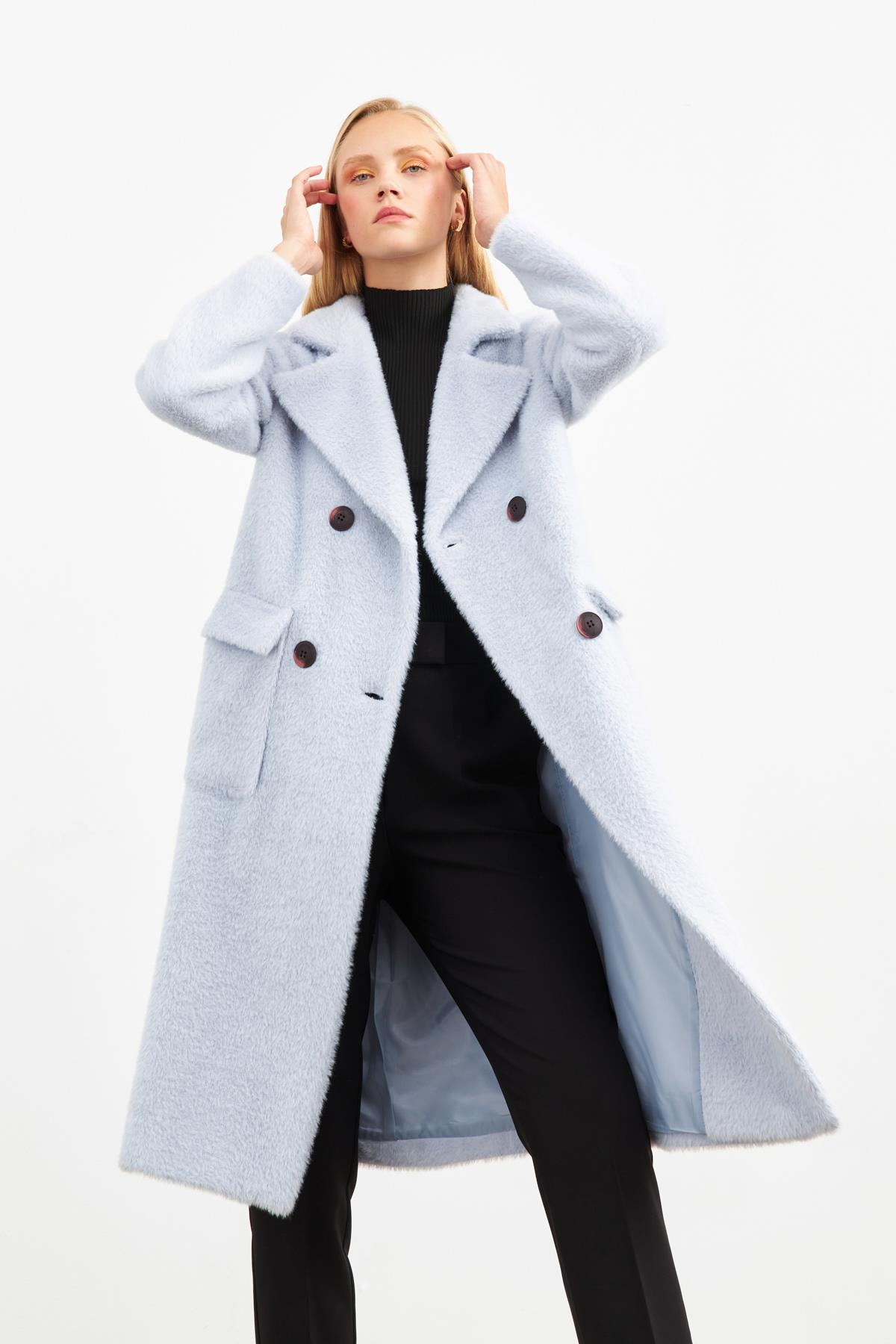 A wholesale clothing model wears Coat - Baby Blue, Turkish wholesale Overcoat of Setre