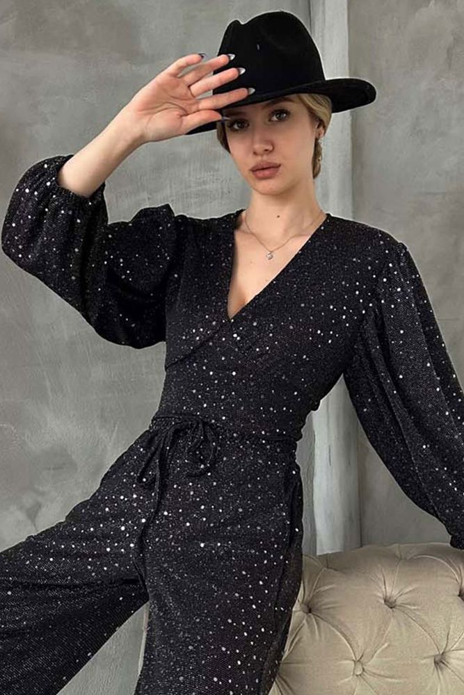 A wholesale clothing model wears Black F 1588 Glitter Blouse, Turkish wholesale Blouse of Topshow