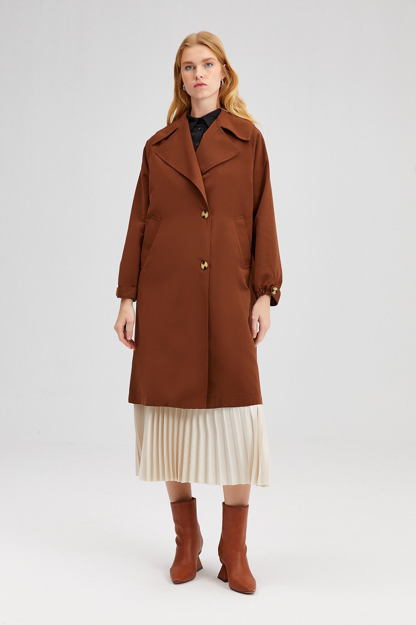 A wholesale clothing model wears Double Breasted Trench Coat - Brown, Turkish wholesale Trenchcoat of Touche Prive