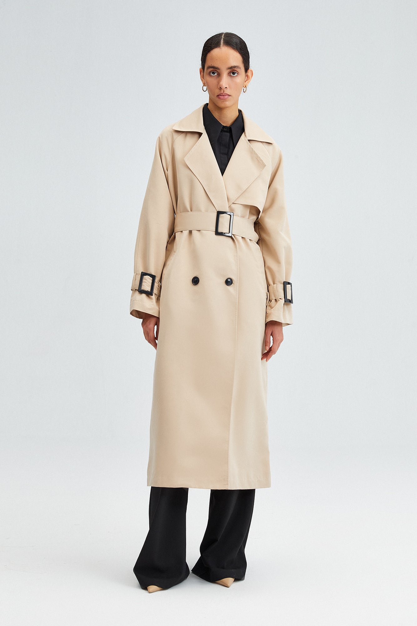 A wholesale clothing model wears Oversize Trench Coat - Stone, Turkish wholesale Trenchcoat of Touche Prive