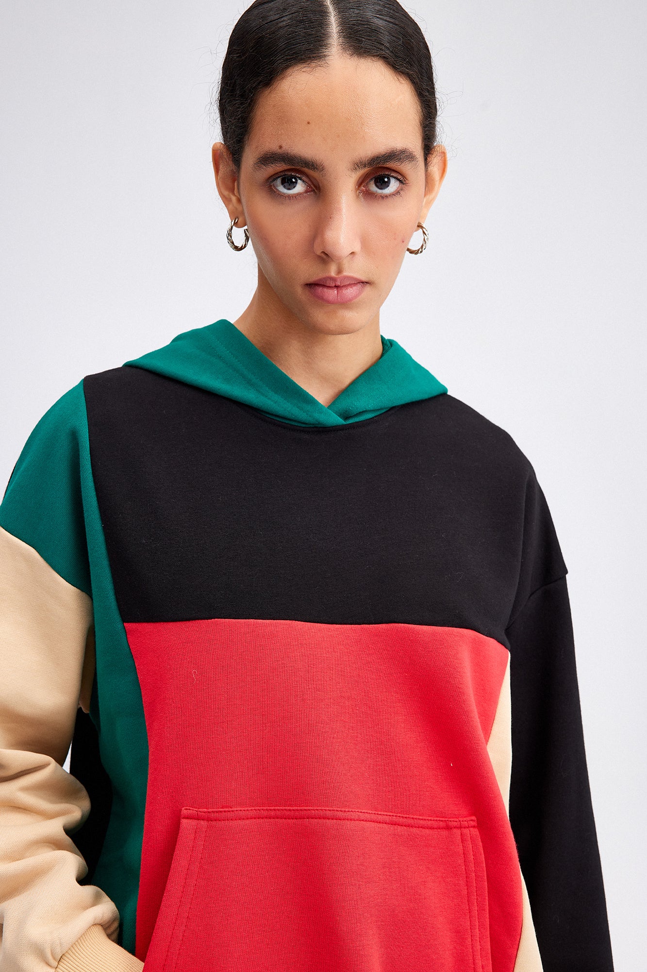 A wholesale clothing model wears tou12094-color-block-hoodle-sweatshirt-mix-color, Turkish wholesale Sweatshirt of Touche Prive