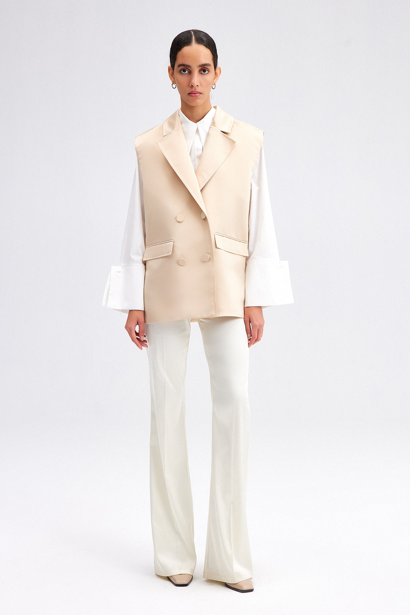 A wholesale clothing model wears Double Breasted Satin Vest - Beige, Turkish wholesale Vest of Touche Prive