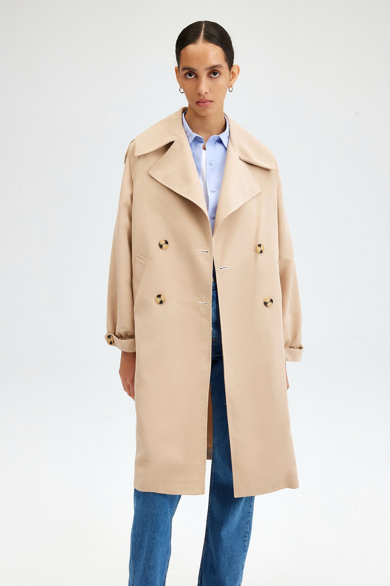 A wholesale clothing model wears Double Breasted Trench Coat - Stone, Turkish wholesale Trenchcoat of Touche Prive