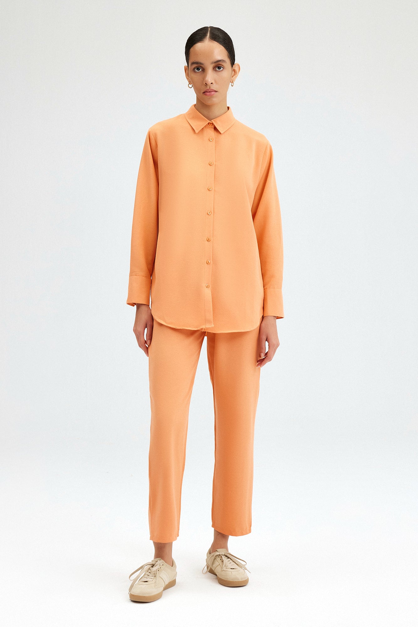 A wholesale clothing model wears Linen Look Set - Pink, Turkish wholesale Suit of Touche Prive